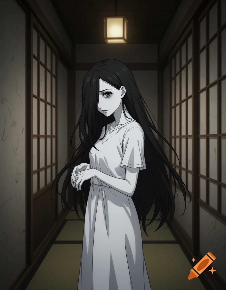 Anime drawing of a pale J-horror ghost woman with long black hair, wearing a white dress, standing sadly in a Japanese hallway.