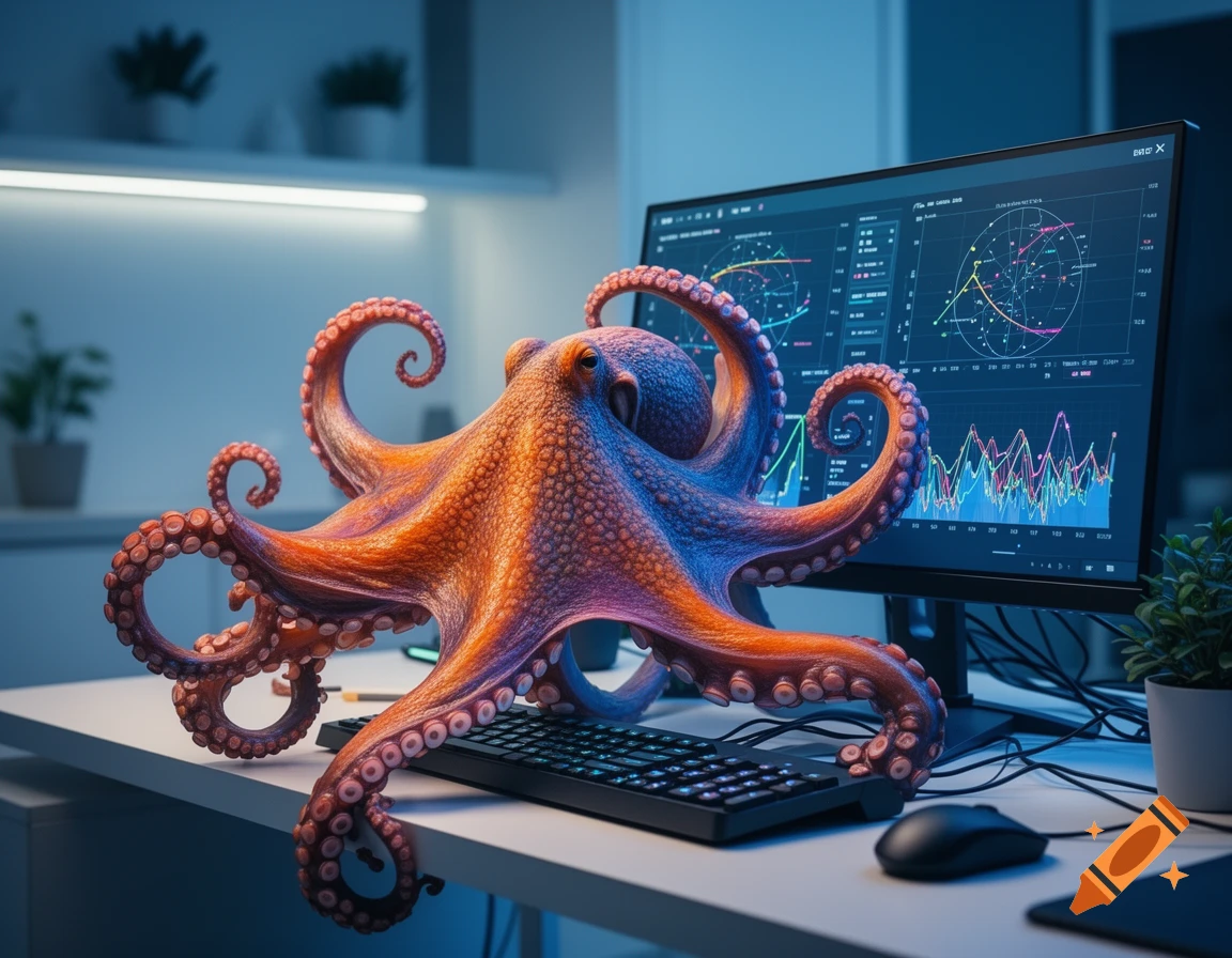 A colorful octopus with 8 arms sits at a desk, appearing to use a computer displaying various data charts. Photorealistic.