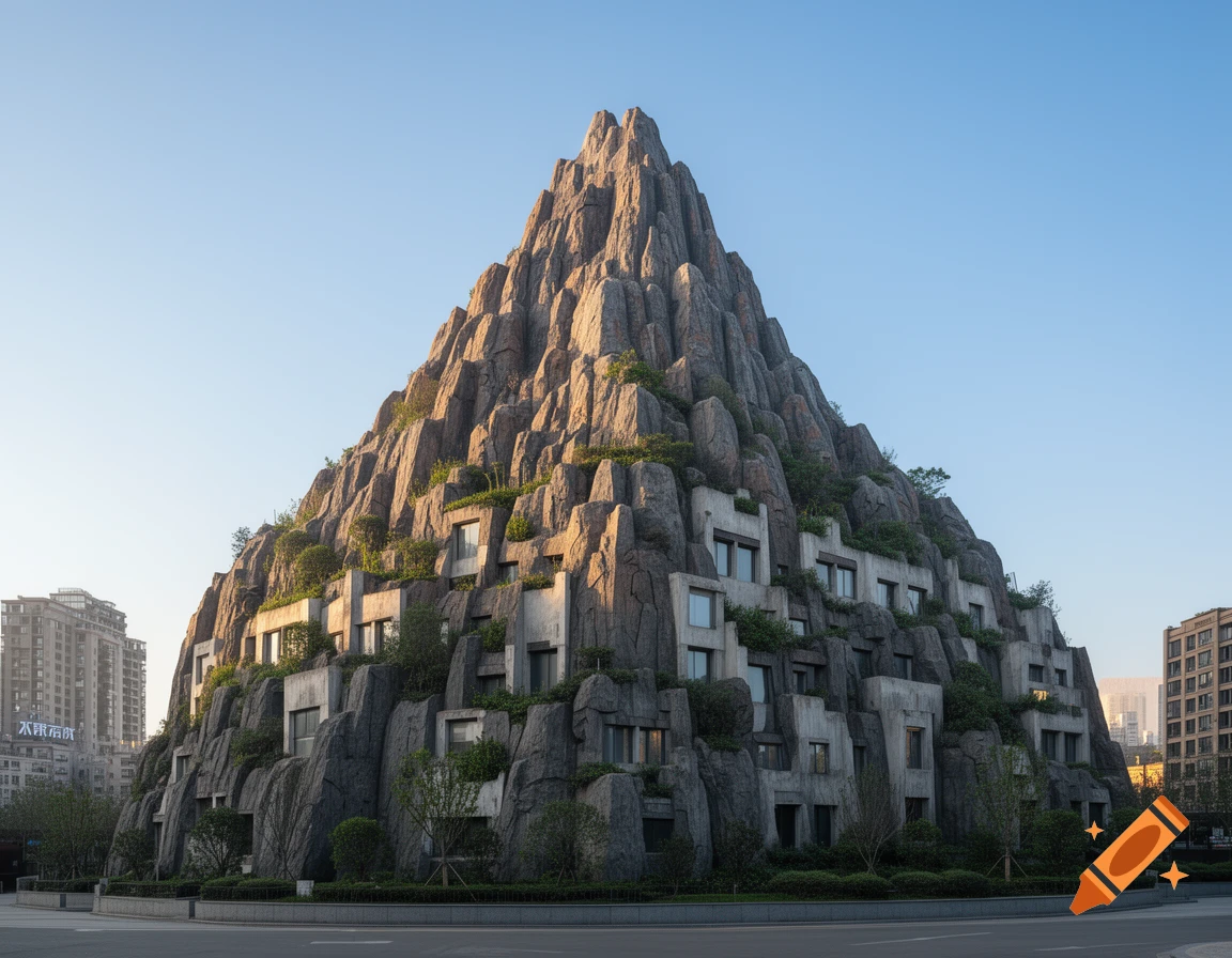 A massive building designed to look like a jagged rock mountain, featuring integrated concrete sections with windows and sparse greenery, under a clear blue sky.