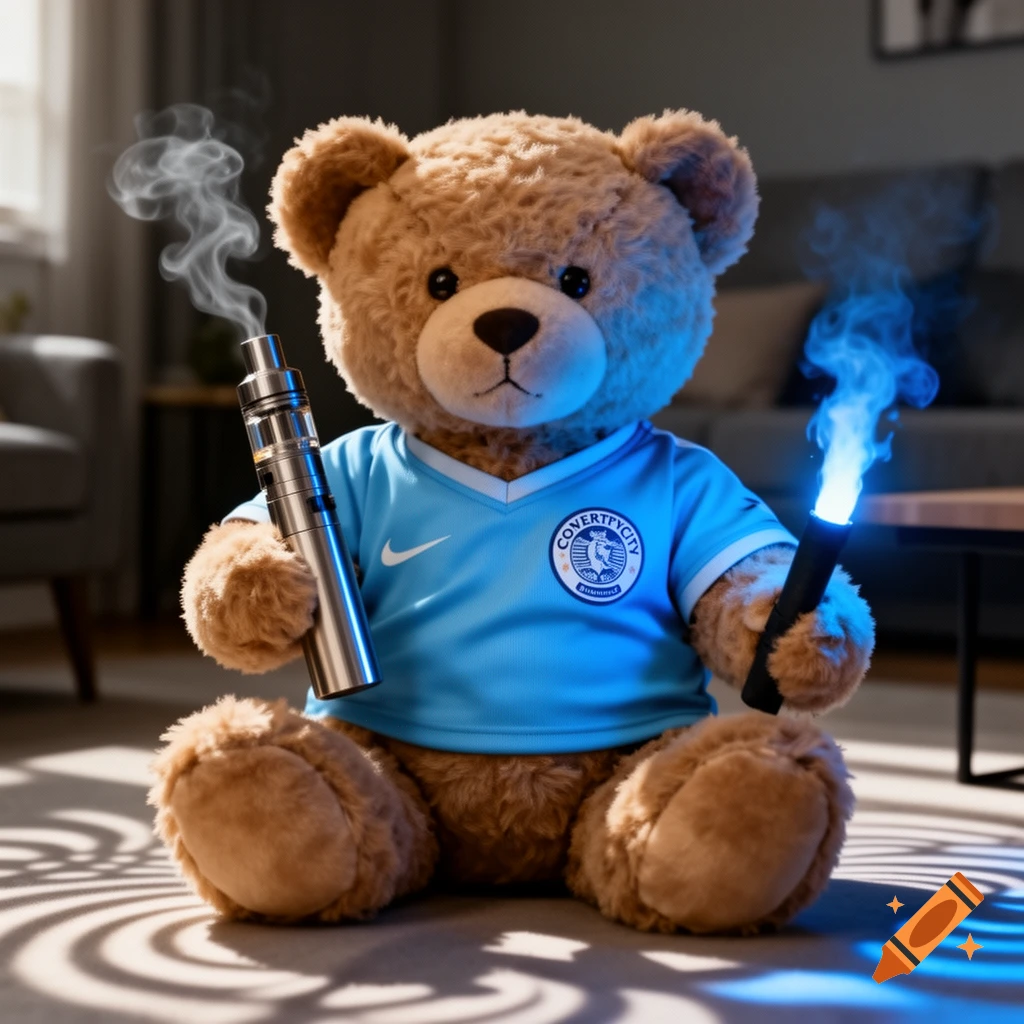 A photorealistic teddy bear wearing a light blue football shirt, holding a smoking vape and a lit blue flare, sitting on a rug.