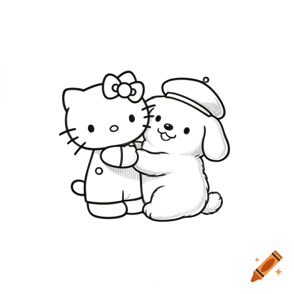A black and white line drawing of Hello Kitty hugging Pompompurin, who is wearing a beret.