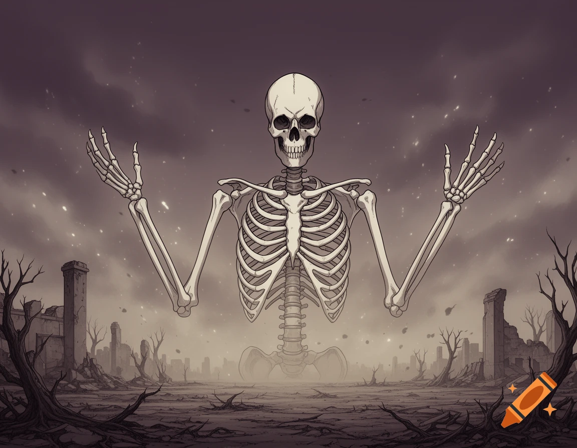 A large, stylized skeleton with outstretched arms stands in a desolate, ruined landscape under a dark sky, in an illustration style.