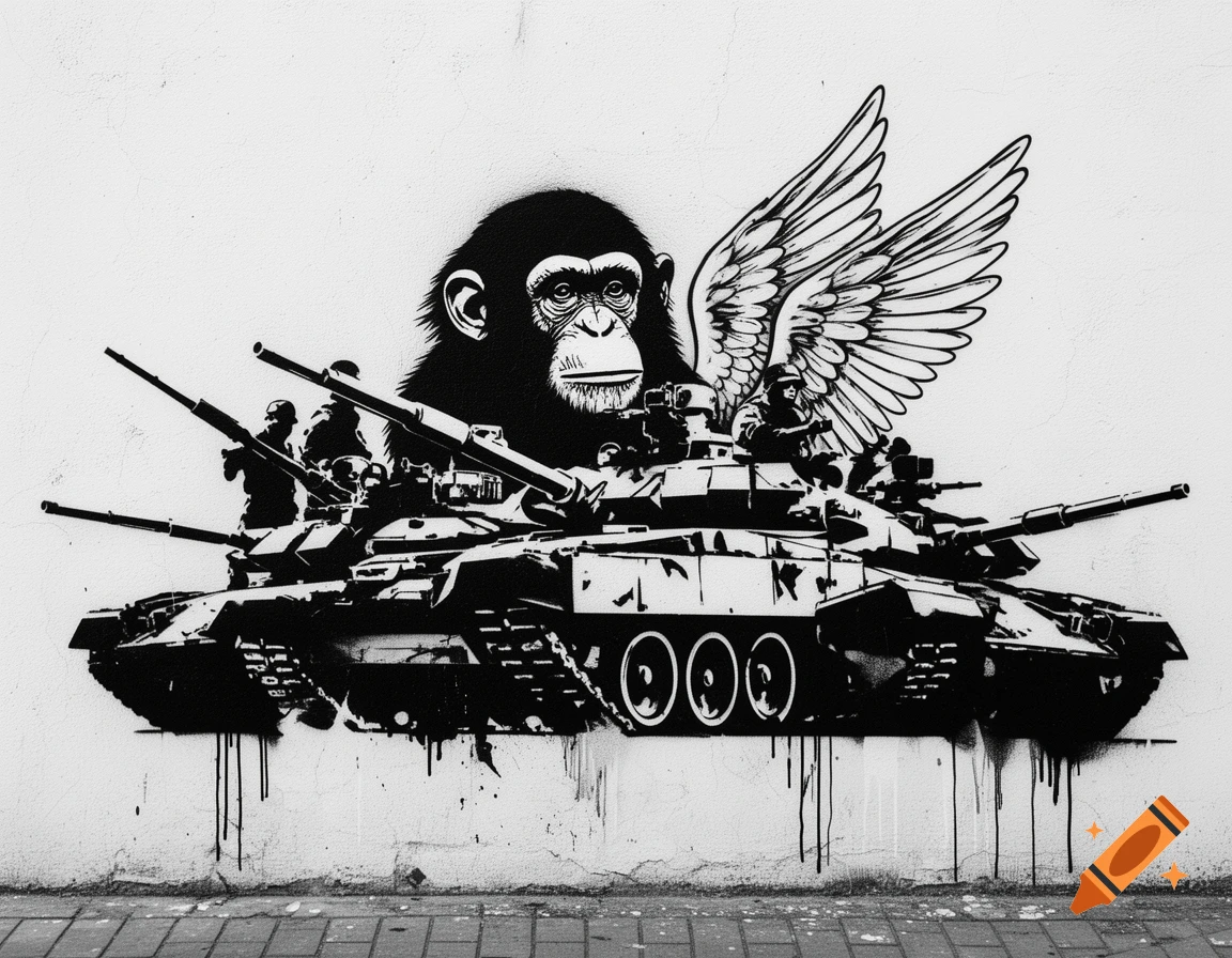 Black and white stencil graffiti on a white wall featuring a chimpanzee with wings behind military tanks and soldiers.