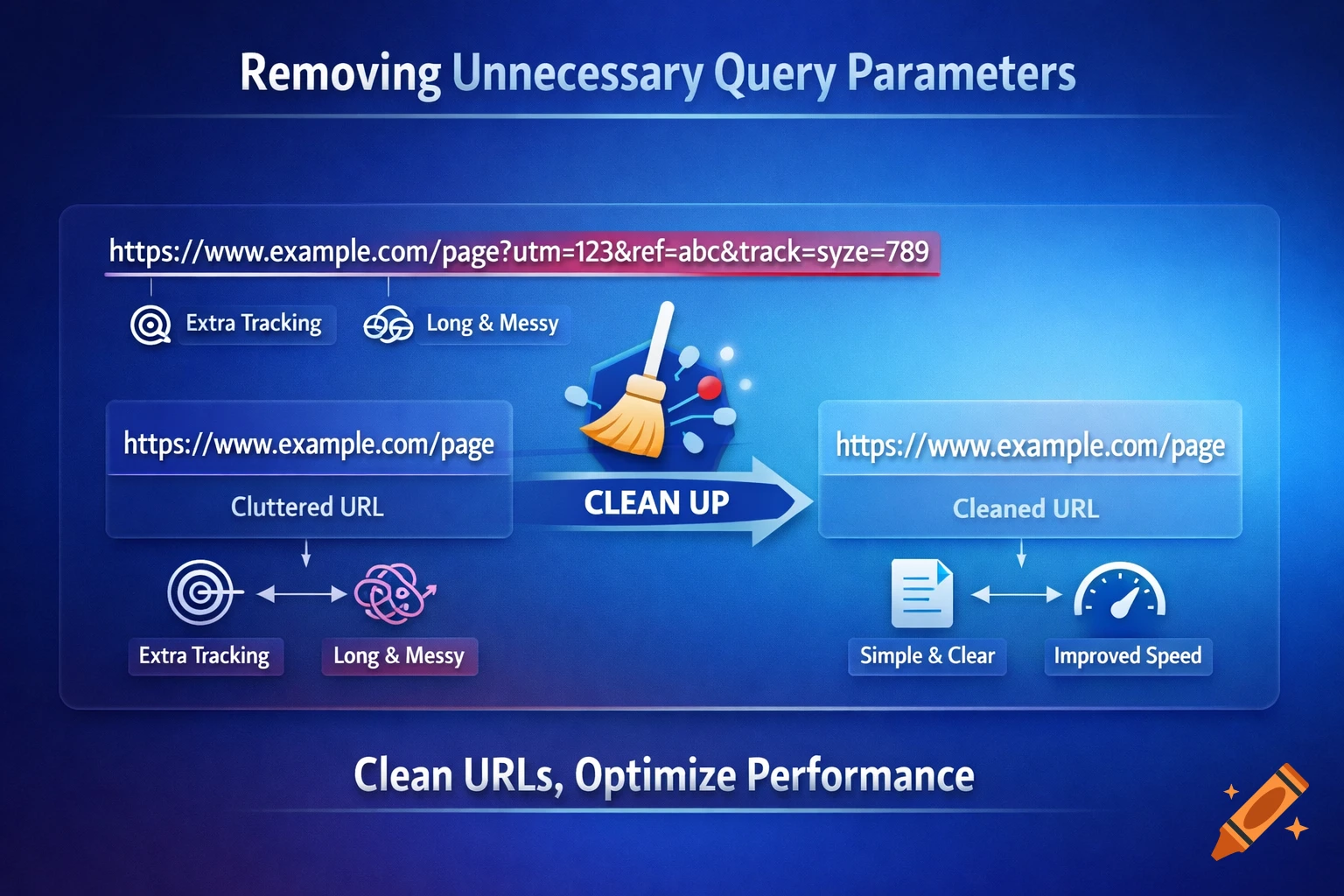 A diagram illustrating how to remove unnecessary query parameters from a URL, turning a long, cluttered URL into a clean, simple, and clear one for improved speed. It features a broom icon sweeping away elements.