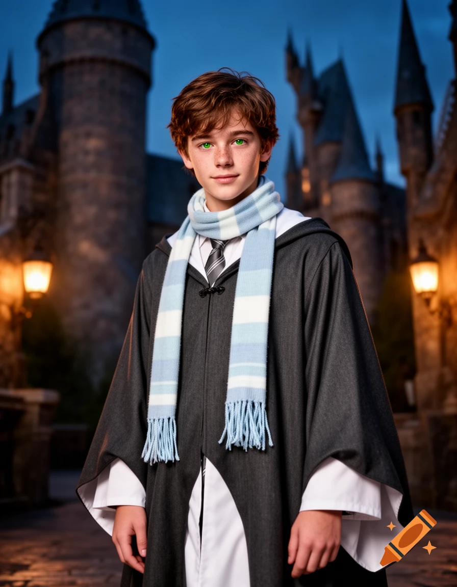 A young male student with brown hair and green eyes, dressed in a dark grey wizarding robe and a blue and white striped scarf, stands before a castle.