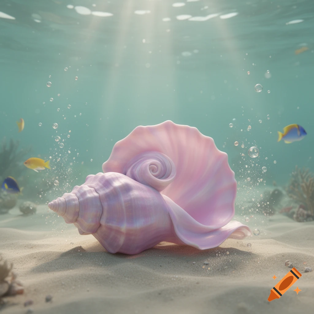 A vibrant pink and purple conch seashell rests on the sandy ocean floor, bathed in sunbeams with small fish swimming nearby.