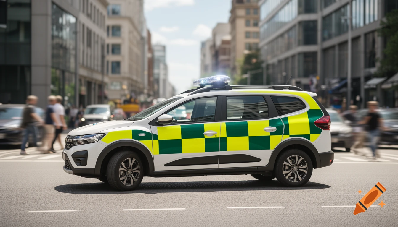 A white Dacia Jogger animal rescue vehicle with green and yellow checkerboard markings and a blue lightbar, parked on a city street.