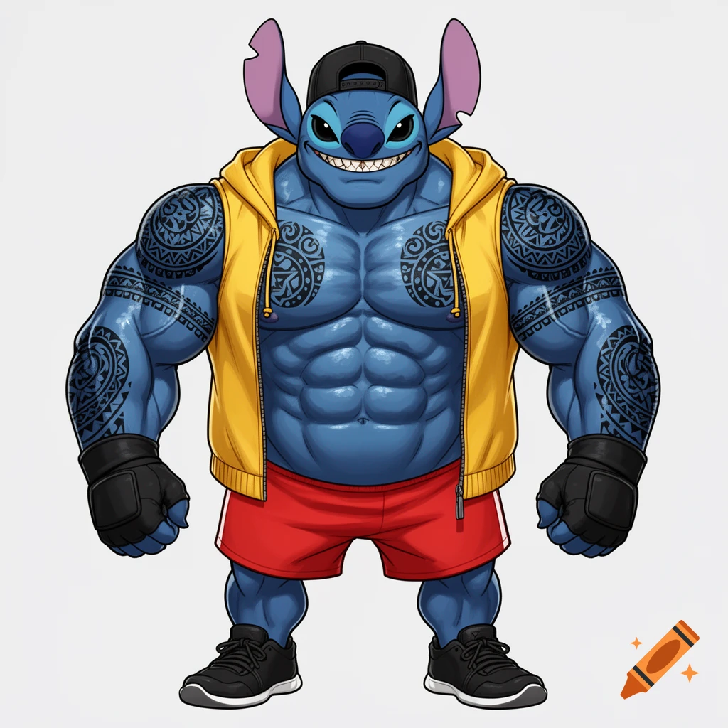Muscular, tattooed Stitch in a yellow hoodie, red shorts, and a black cap, smiling confidently.