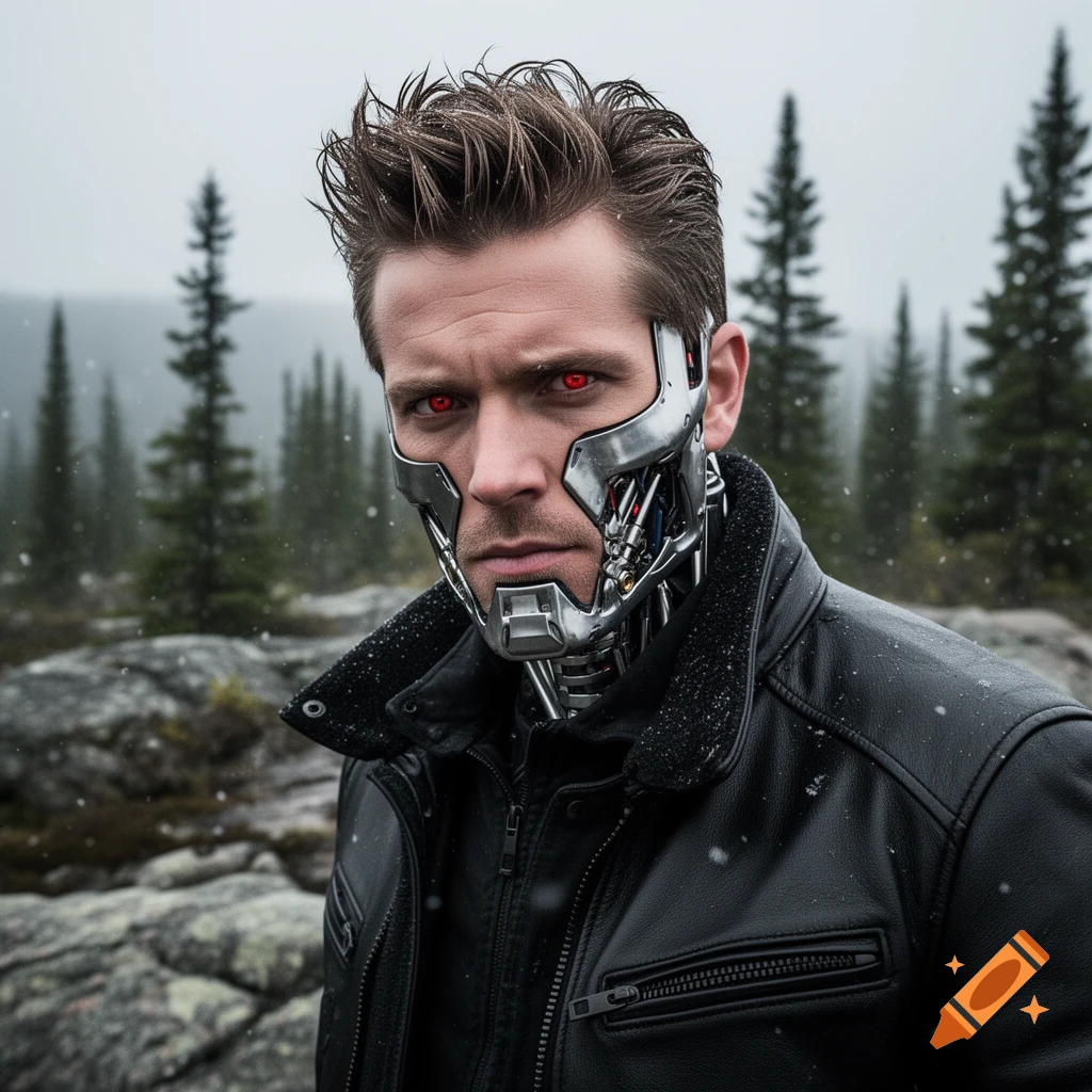 Photorealistic portrait of a man with red eyes and cybernetic face enhancements, wearing a black leather jacket in a snowy forest.