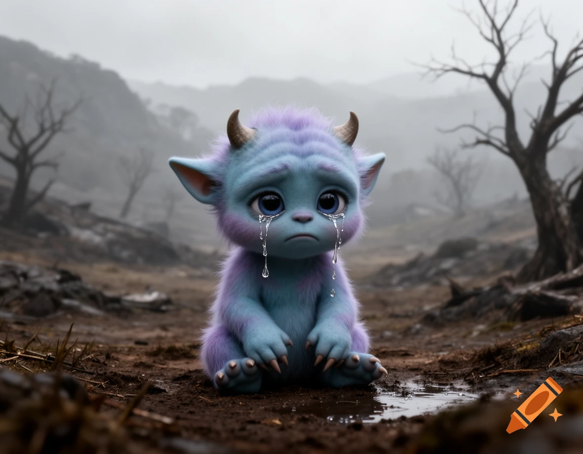 Photorealistic sad, fluffy blue and purple baby monster with horns and big eyes crying on muddy ground in a foggy, desolate landscape.