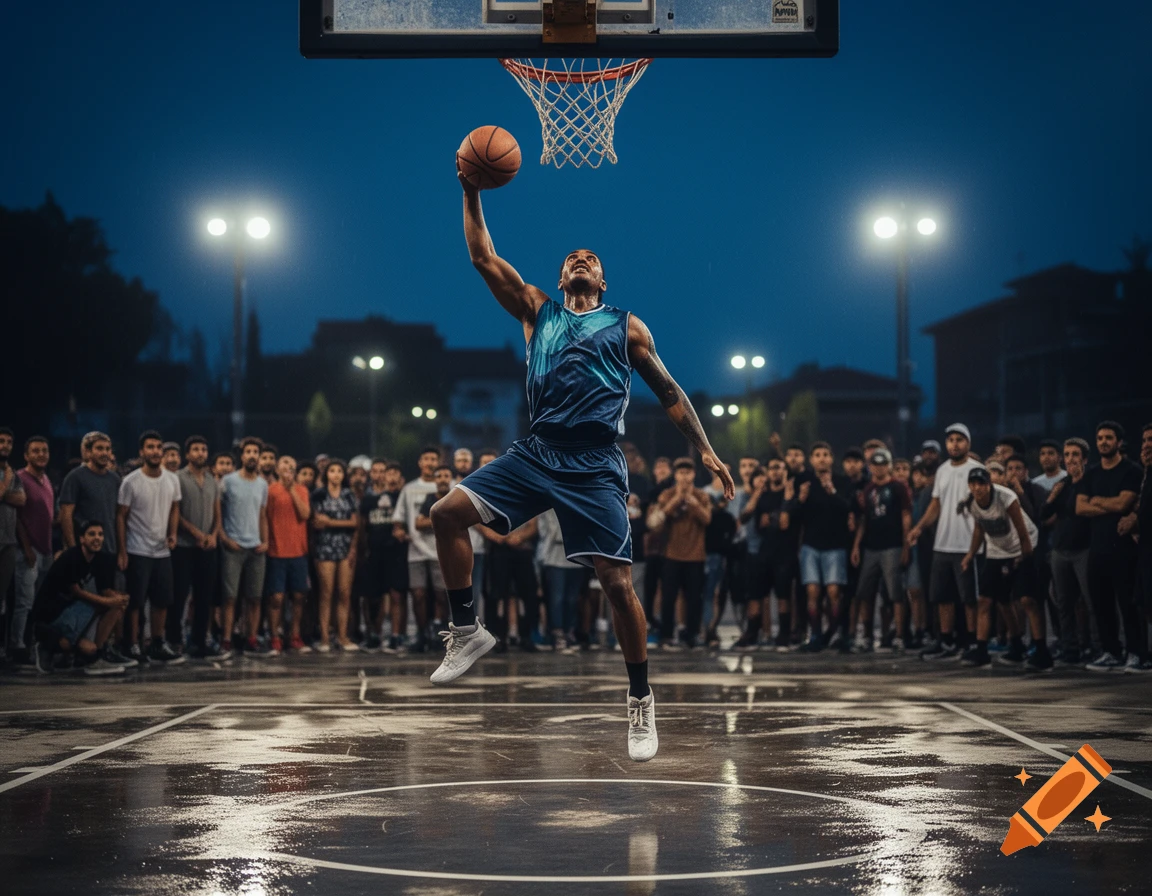 Basketball player dunks a ball on a wet outdoor court at night, watched by a crowd.