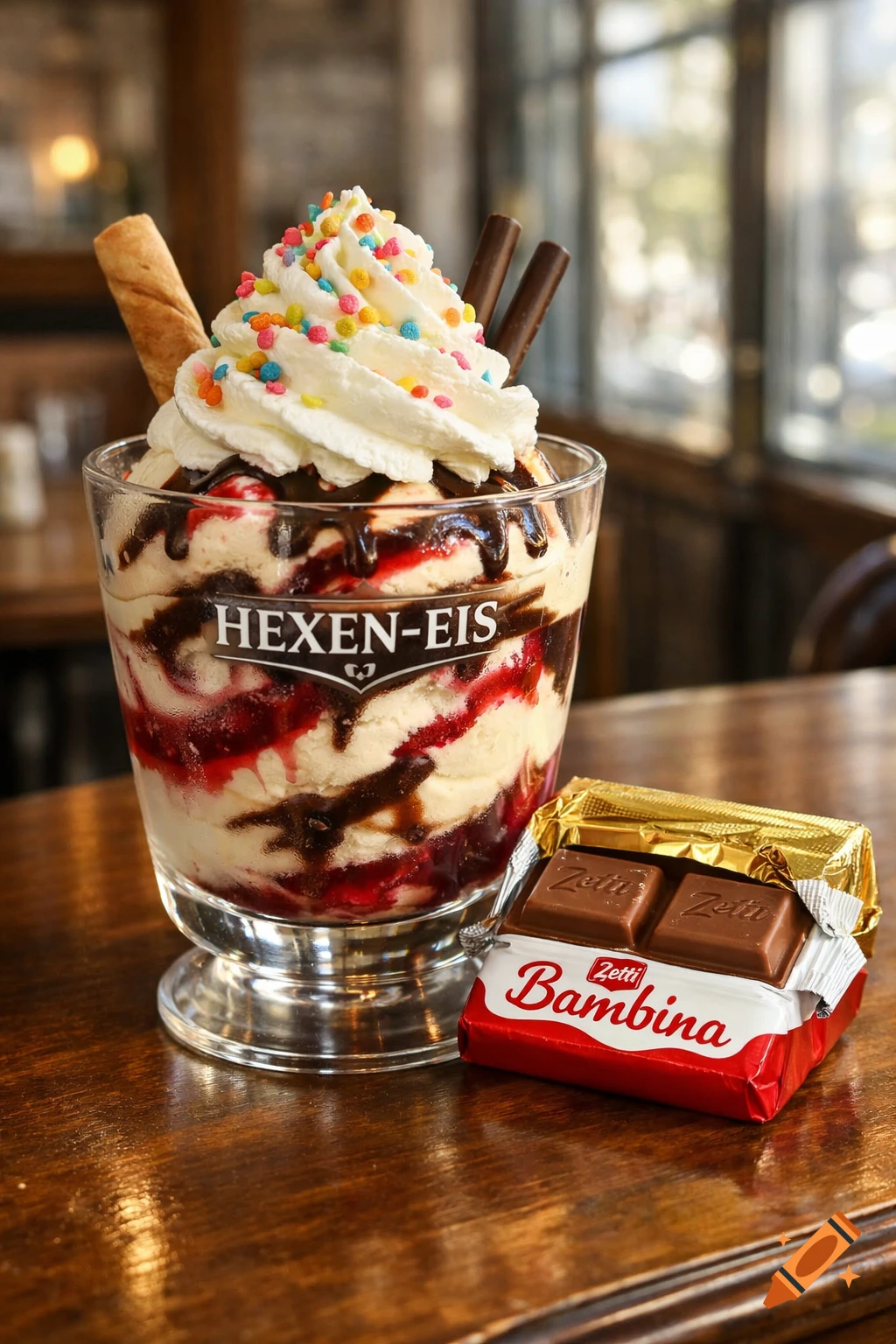 A photorealistic ice cream sundae in a glass labeled "HEXEN-EIS" with whipped cream, sprinkles, and chocolate sticks, next to a Zetti Bambina chocolate bar, on a wooden table.