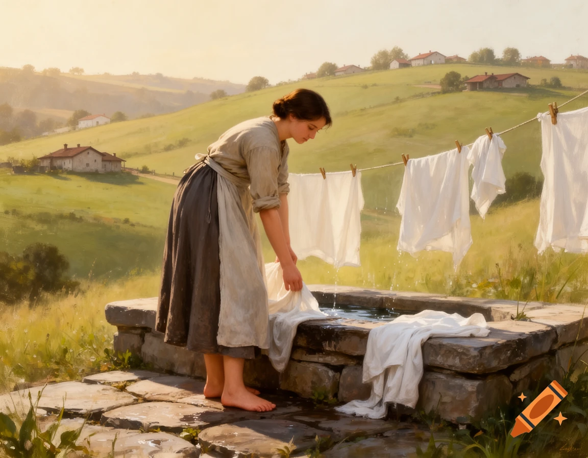 A barefoot woman washes clothes in a stone trough, with white laundry drying on a line in a sunny, painterly rural landscape.