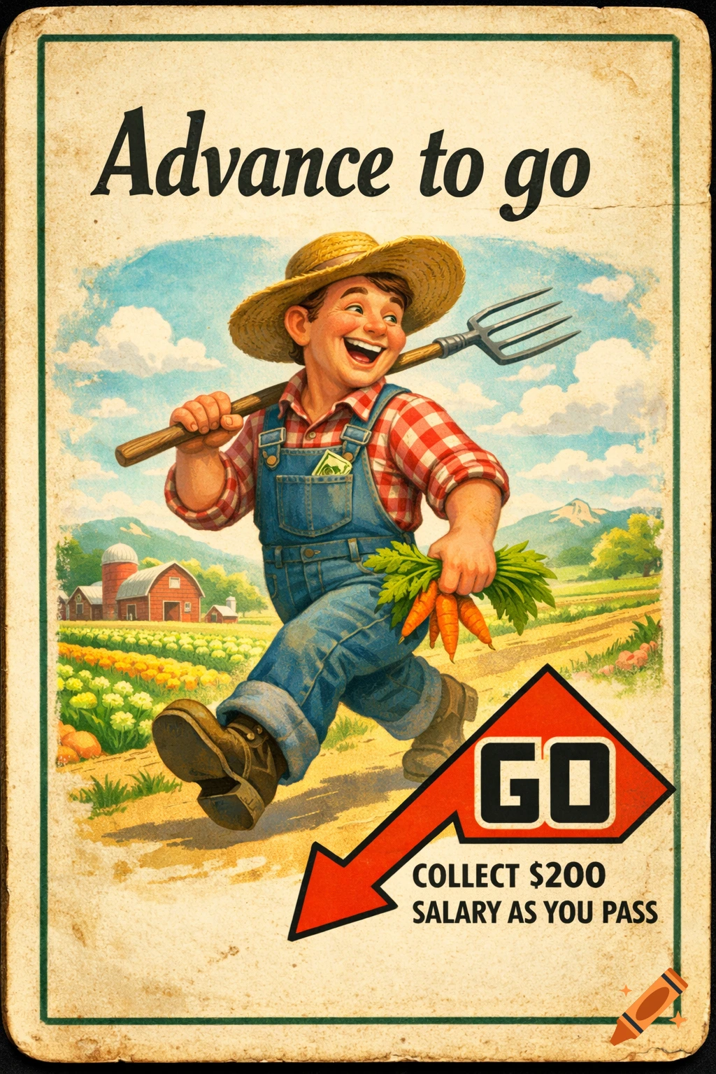 A cheerful farmer with a pitchfork and carrots runs on a dirt path with a farm in the background, designed as a vintage Monopoly 'Advance to Go' card.