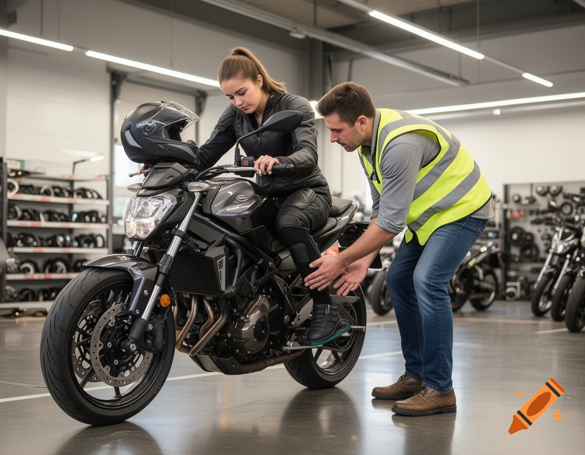 A female student on a motorcycle is shown proper foot placement by a male instructor in a safety vest, in an indoor training area.