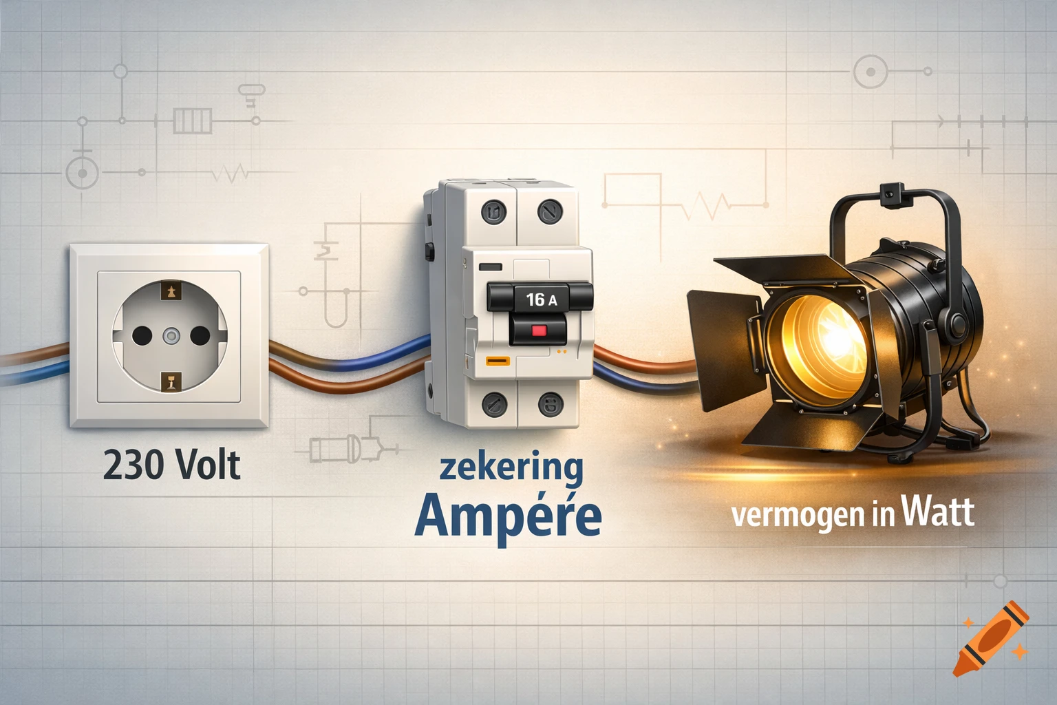 An illustrative diagram showing an electrical outlet labeled "230 Volt" connected to a circuit breaker labeled "zekering Ampère" with "16 A" on it, which then connects to a spotlight labeled "vermogen in Watt".