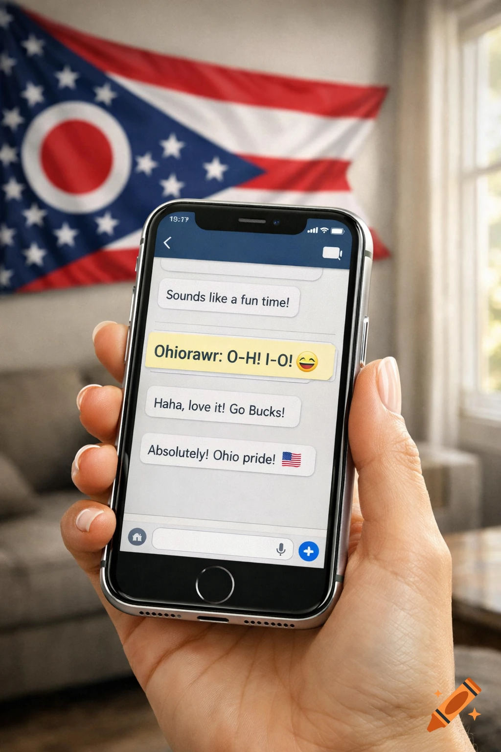 A hand holds an iPhone displaying a text conversation about Ohio pride, with a blurred Ohio flag in the background.