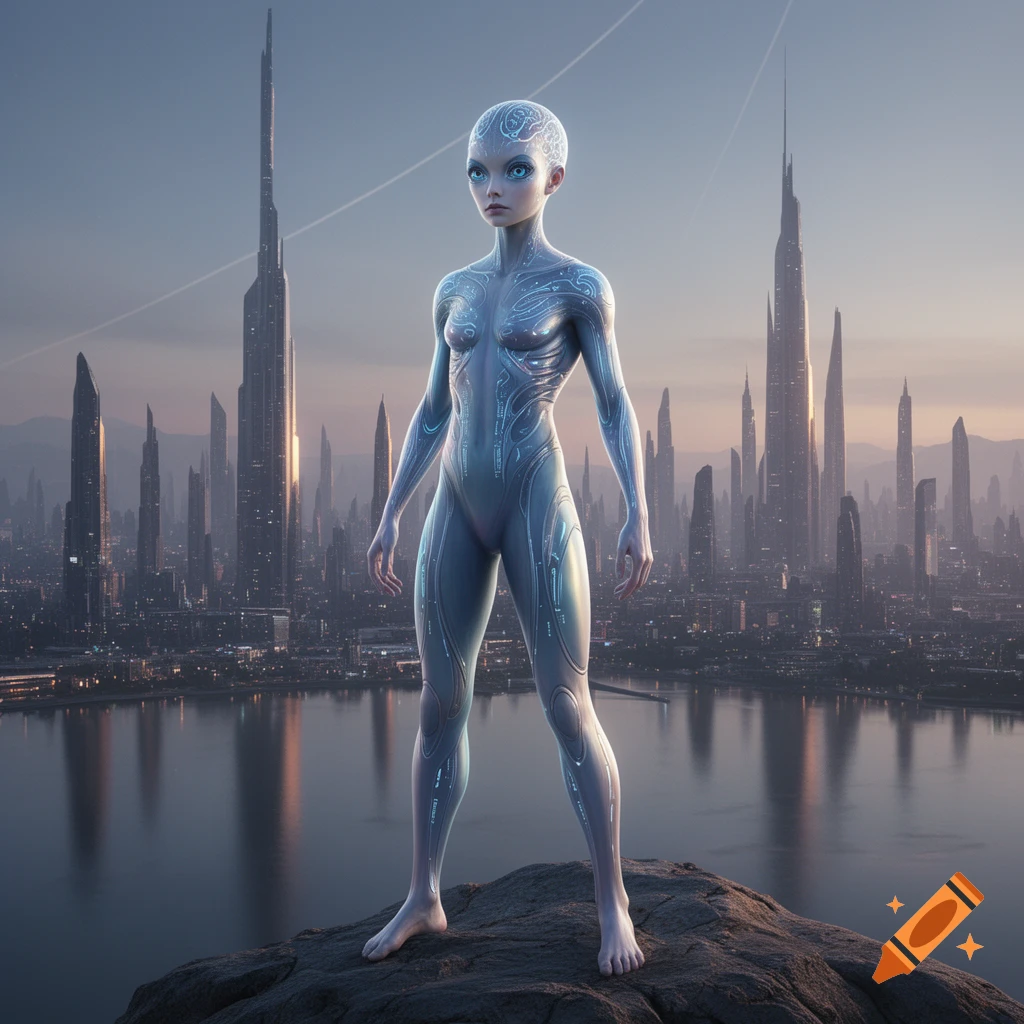 A bald, slender, pale-skinned alien figure with glowing blue patterns on its suit stands on a rock, overlooking a futuristic city at dusk.