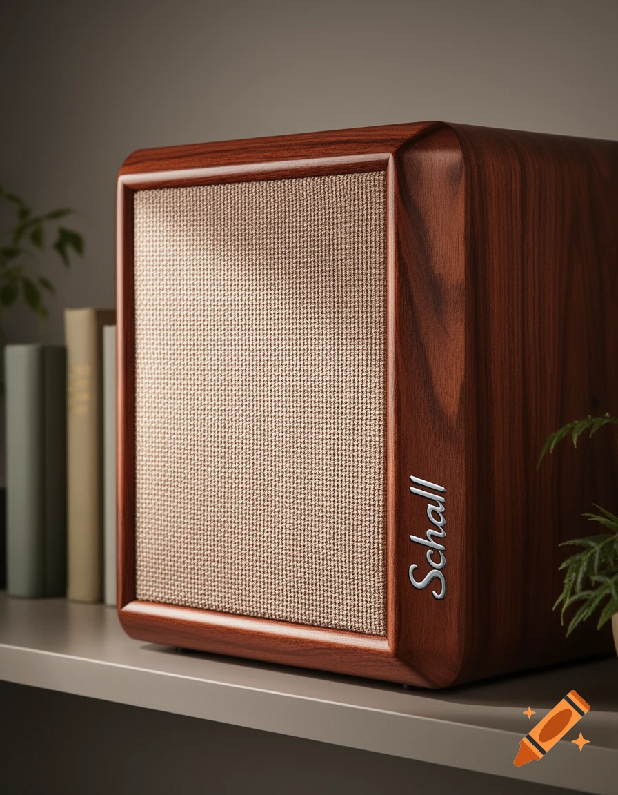 Photorealistic image of a retro wooden speaker with a fabric grille and 'Schall' text, on a shelf with books.