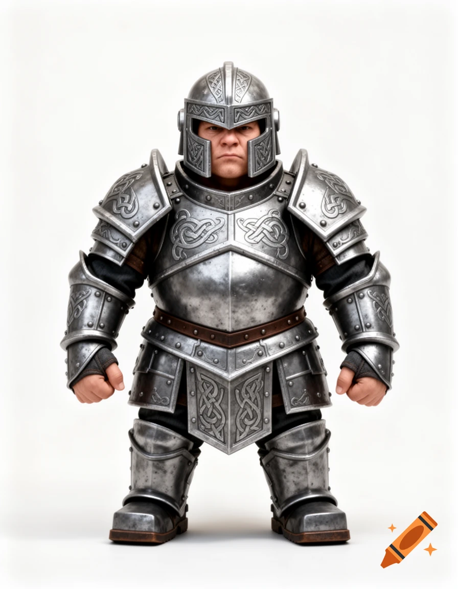 An armored dwarf in ornate silver plate armor stands facing forward on a white background.