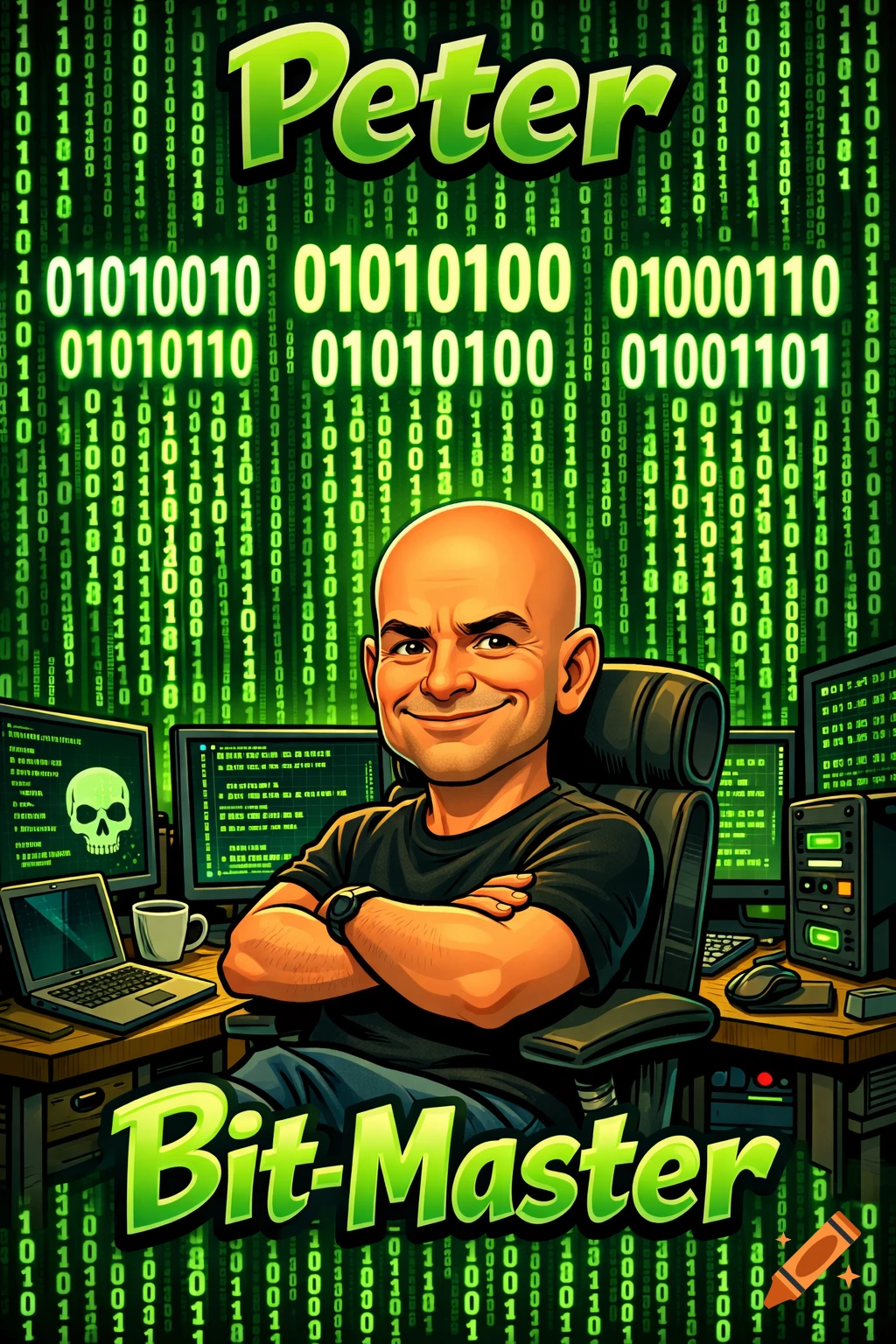 Cartoon of bald man Peter, the 'Bit-Master', sitting in a computer chair surrounded by monitors and green binary code.