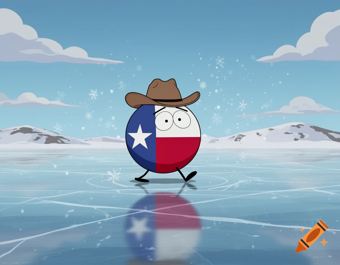 A cartoon Texas countryball character wearing a cowboy hat walks nervously on a slippery ice rink in a snowy landscape.