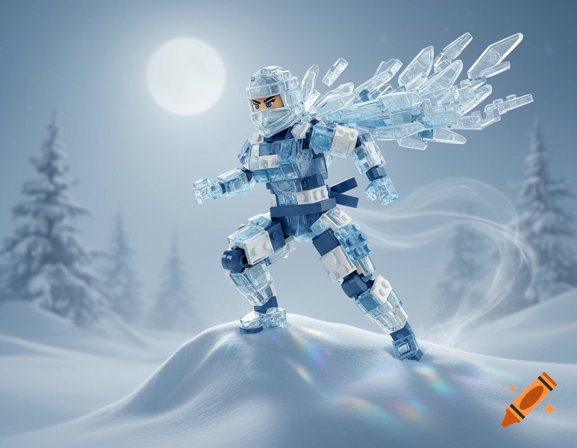 A photorealistic Lego ice ninja figure with large ice wings runs through a snowy landscape under a full moon.