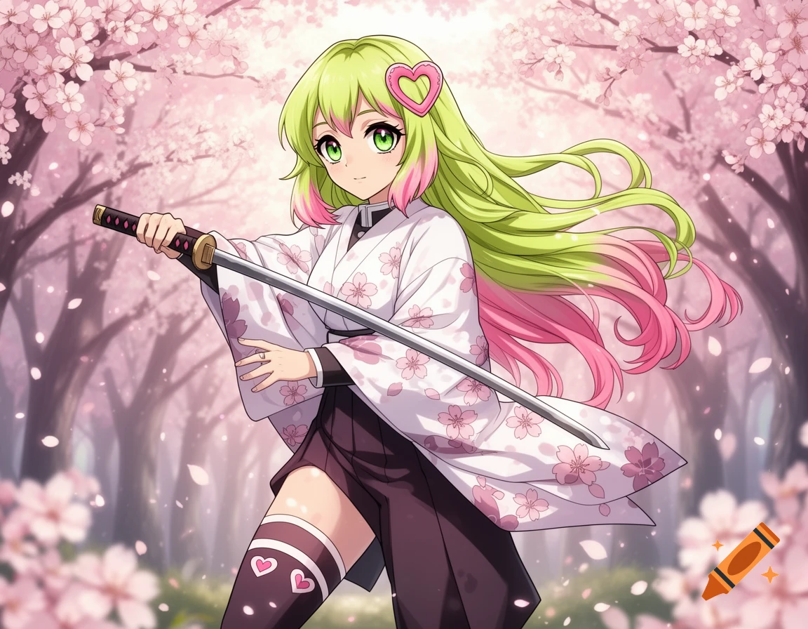 Anime girl with green and pink hair in a cherry blossom kimono, holding a katana amidst a sakura forest.