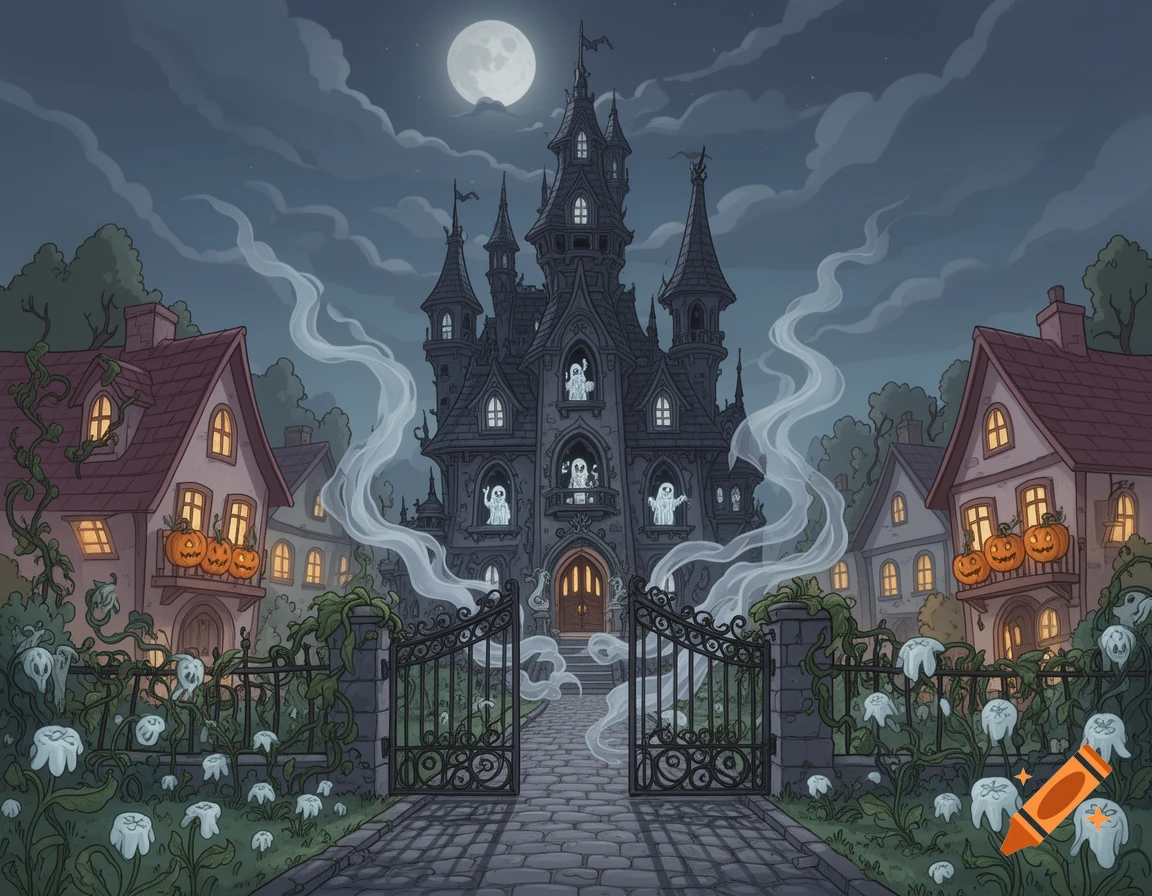 A full moon illuminates a cartoon haunted mansion with ghosts in windows, surrounded by pumpkin-decorated houses and ghostly flowers.