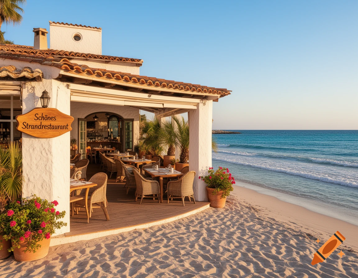 Photorealistic image of a charming white beachside restaurant with a tiled roof, outdoor seating, and sandy beach leading to the blue ocean.