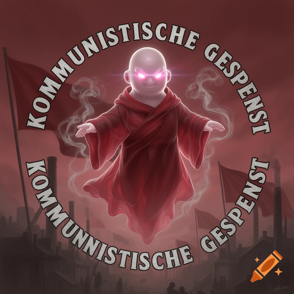 A bald ghost in a red robe with glowing pink eyes floats over a dark industrial landscape with red flags, encircled by the text "KOMMUNISTISCHE GESPENST".