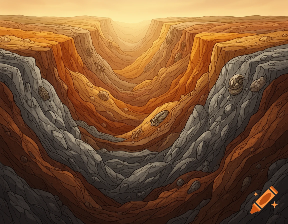 Stylized illustration of a canyon's geological cross-section, showing layered rock formations with embedded fossils under a warm, orange sky.