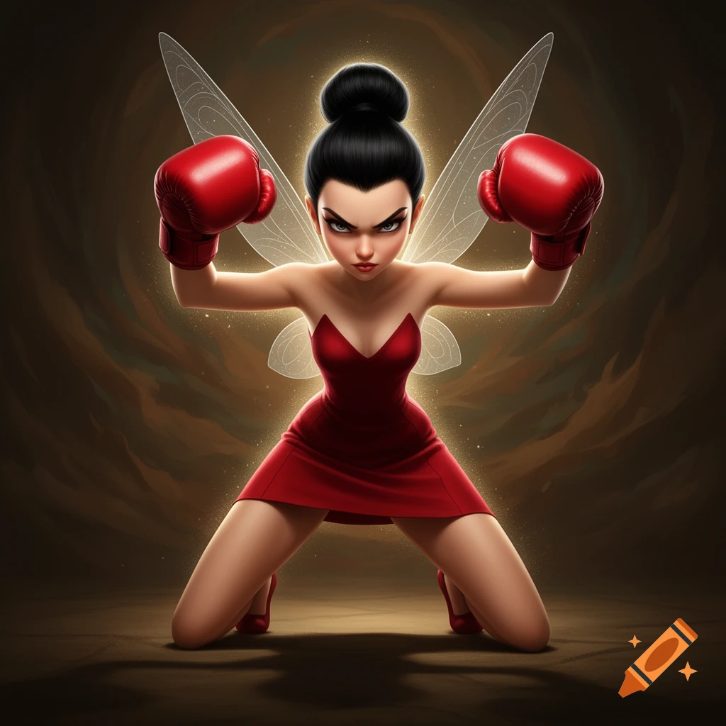 Cartoon black-haired fairy in a red miniskirt and boxing gloves, striking a menacing pose.