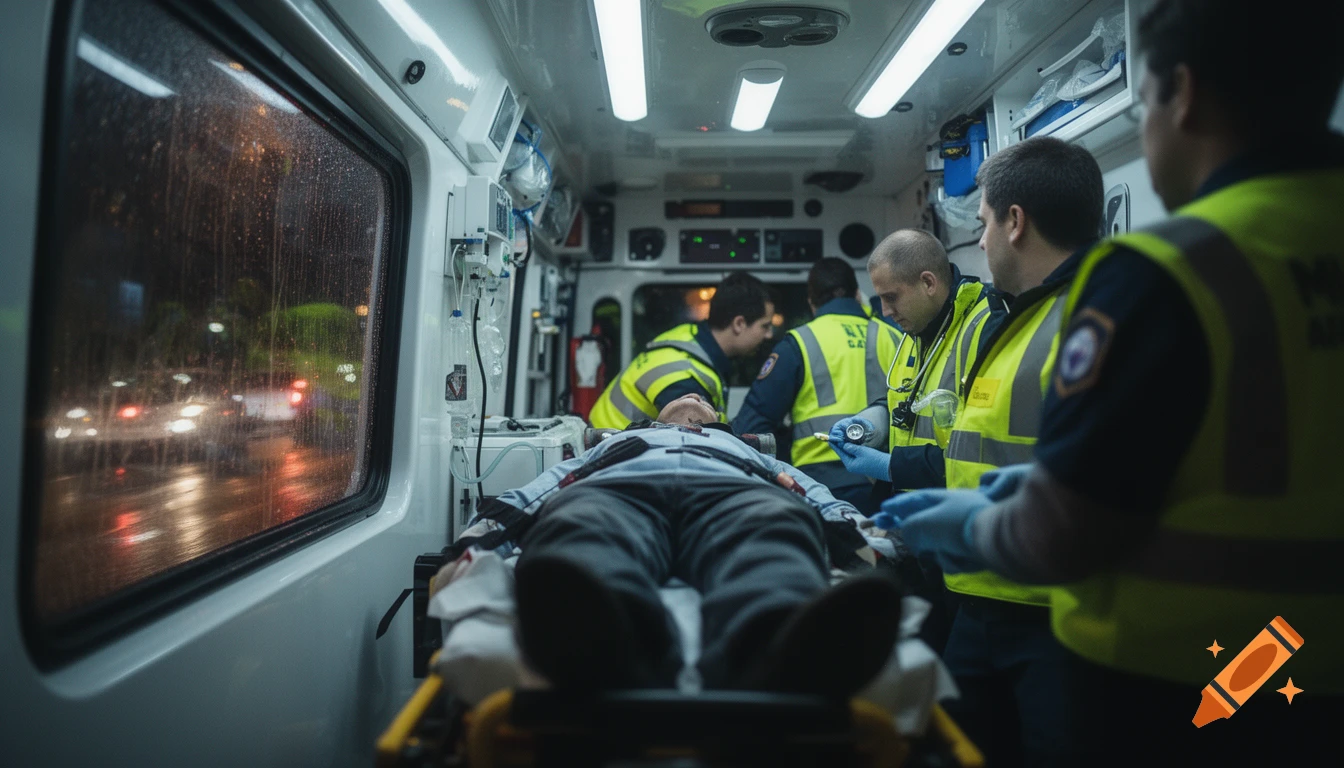 View from a stretcher inside an ambulance, showing paramedics attending to a patient, with a rainy night city street visible through the window.