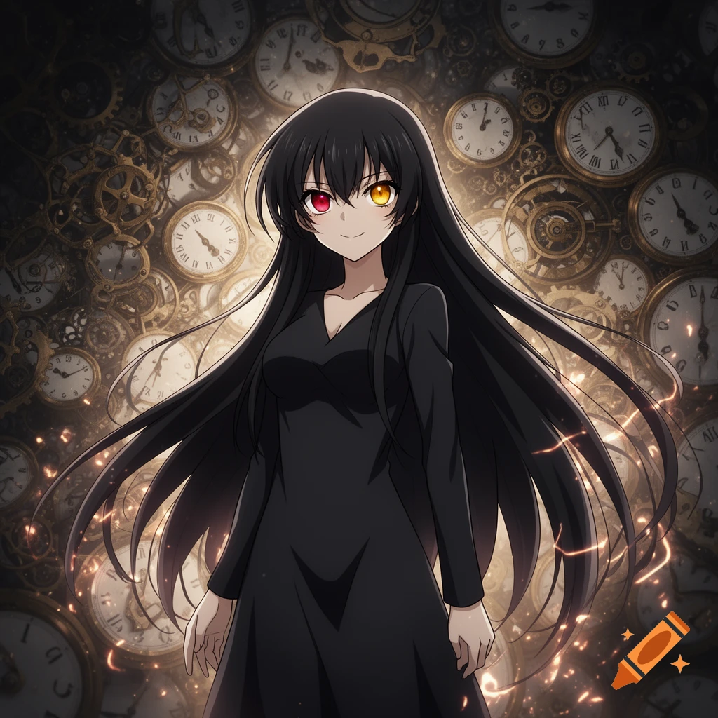 An anime girl with long black hair, different colored eyes, and a black dress stands against a background of many clocks and gears.