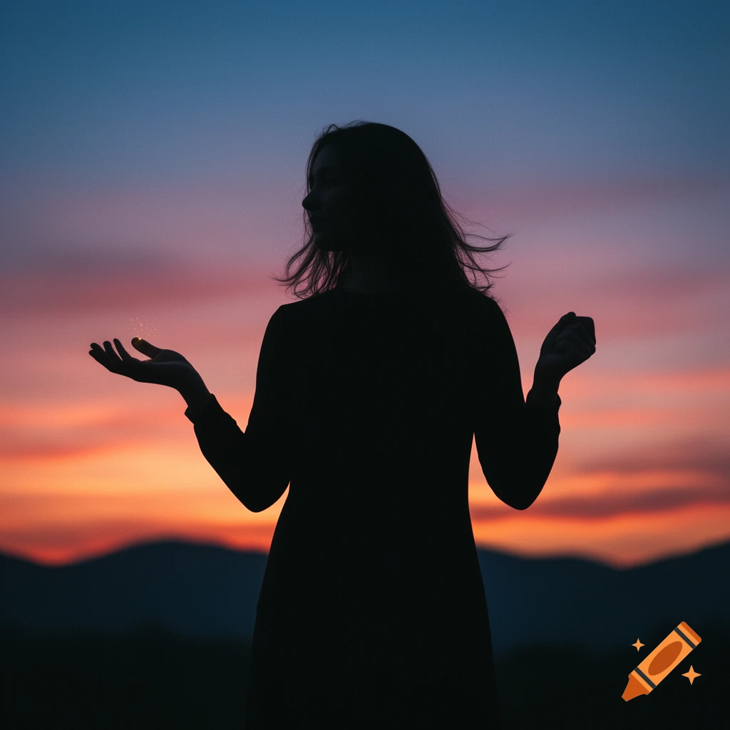 A person's silhouette against a vibrant orange and blue sunset, with one hand open and the other closed.