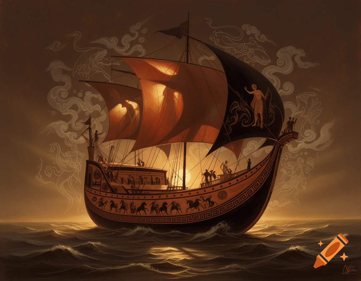 An ancient Greek trireme, adorned with figures and patterns like a vase, sails on a glowing sea at sunset.