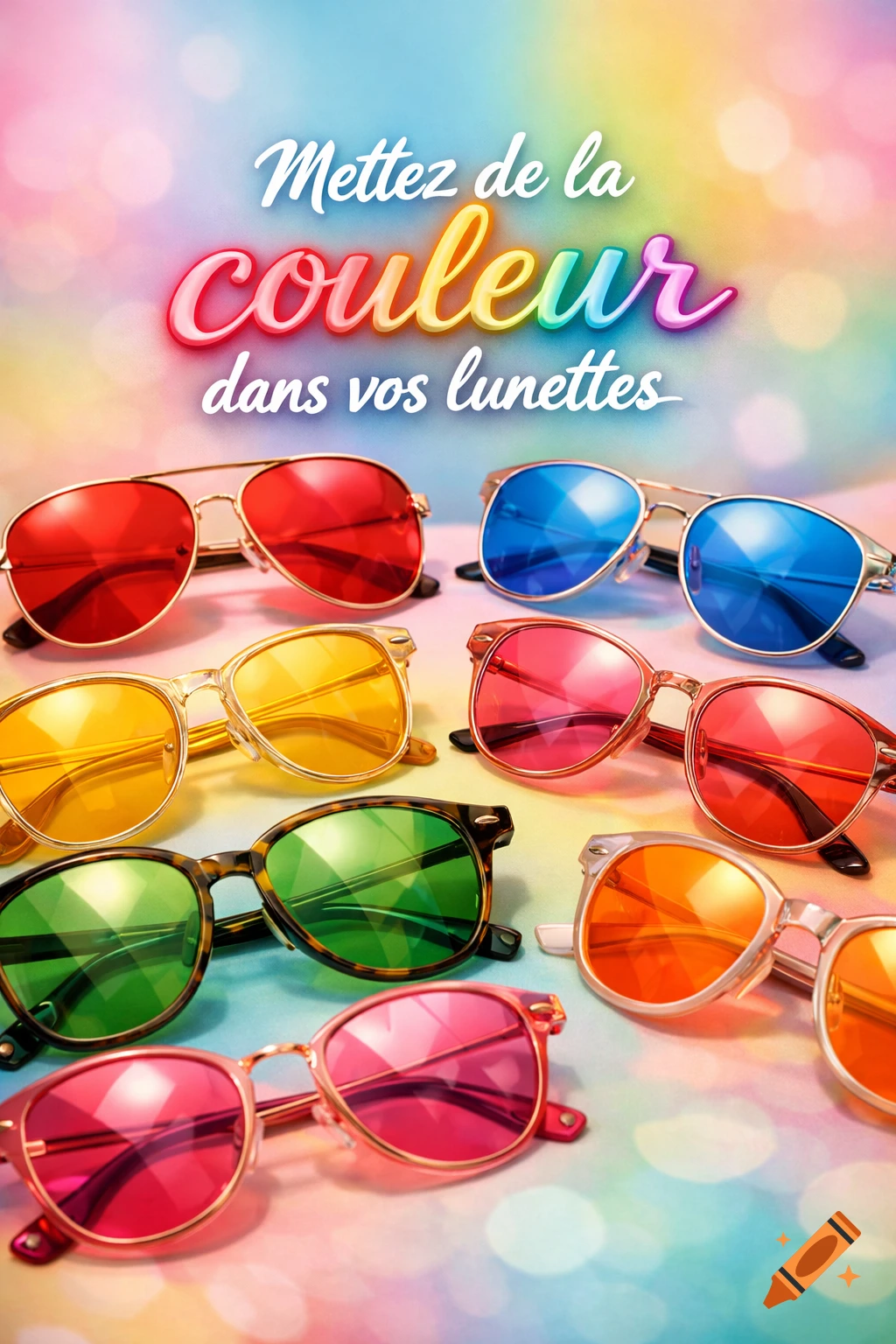 Colorful sunglasses with various lens colors on a vibrant bokeh background, with French text saying 'Mettez de la couleur dans vos lunettes'.