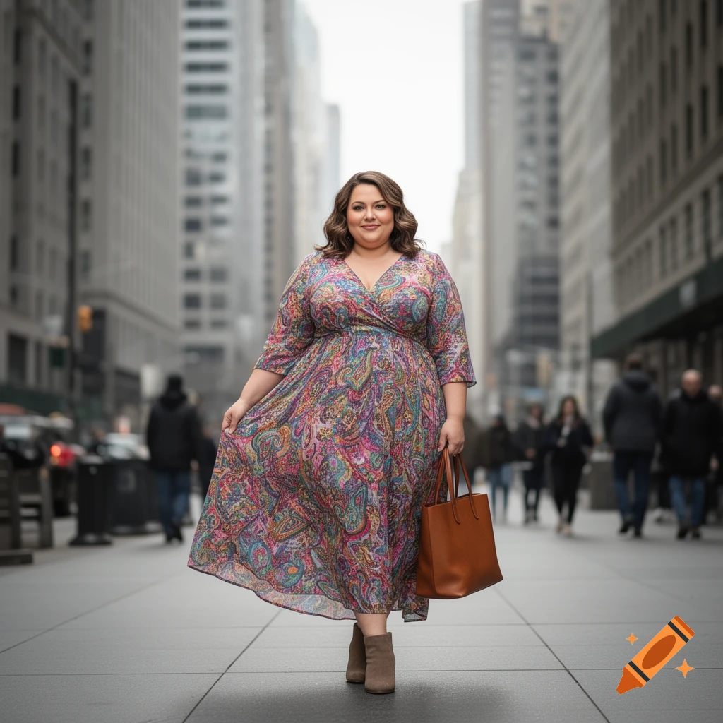 A plus-size woman in a colorful paisley wrap dress and brown handbag walks on a city street with tall buildings in the background.