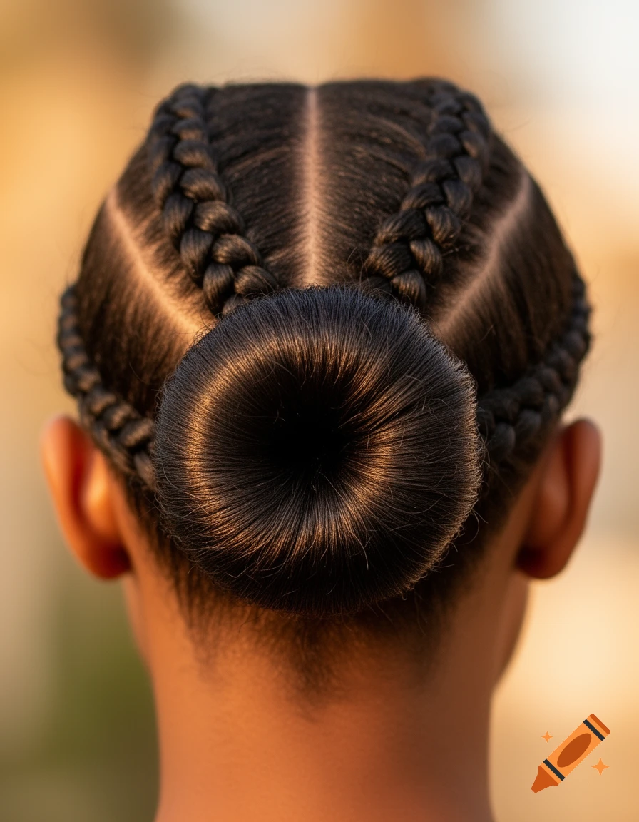 Close-up back view of a person's head with tightly braided cornrows leading into a smooth, round bun.