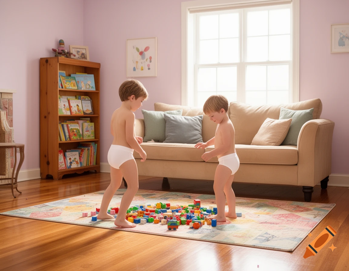 Two young boys in white underwear play with colorful building blocks on a rug in a sunlit living room.