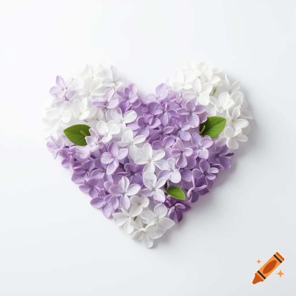 A heart shape composed of white and purple lilac flowers on a clean white background.