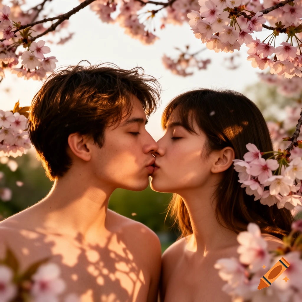 A young couple shares an intimate kiss under a canopy of pink cherry blossoms, bathed in the warm glow of sunset. Photorealistic.