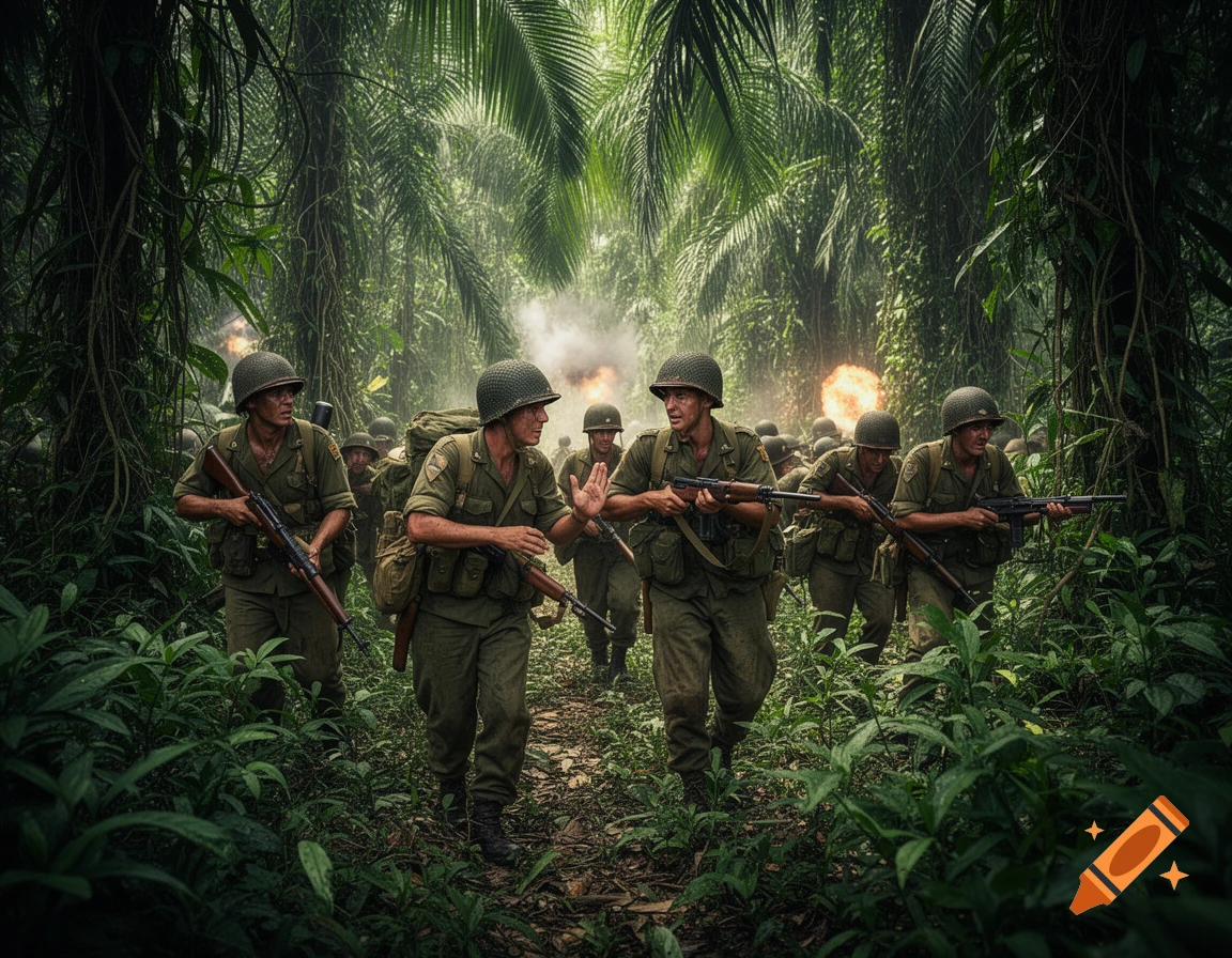 Photorealistic image of US infantry soldiers with rifles moving through a dense, steamy jungle, with smoke and explosions in the background.