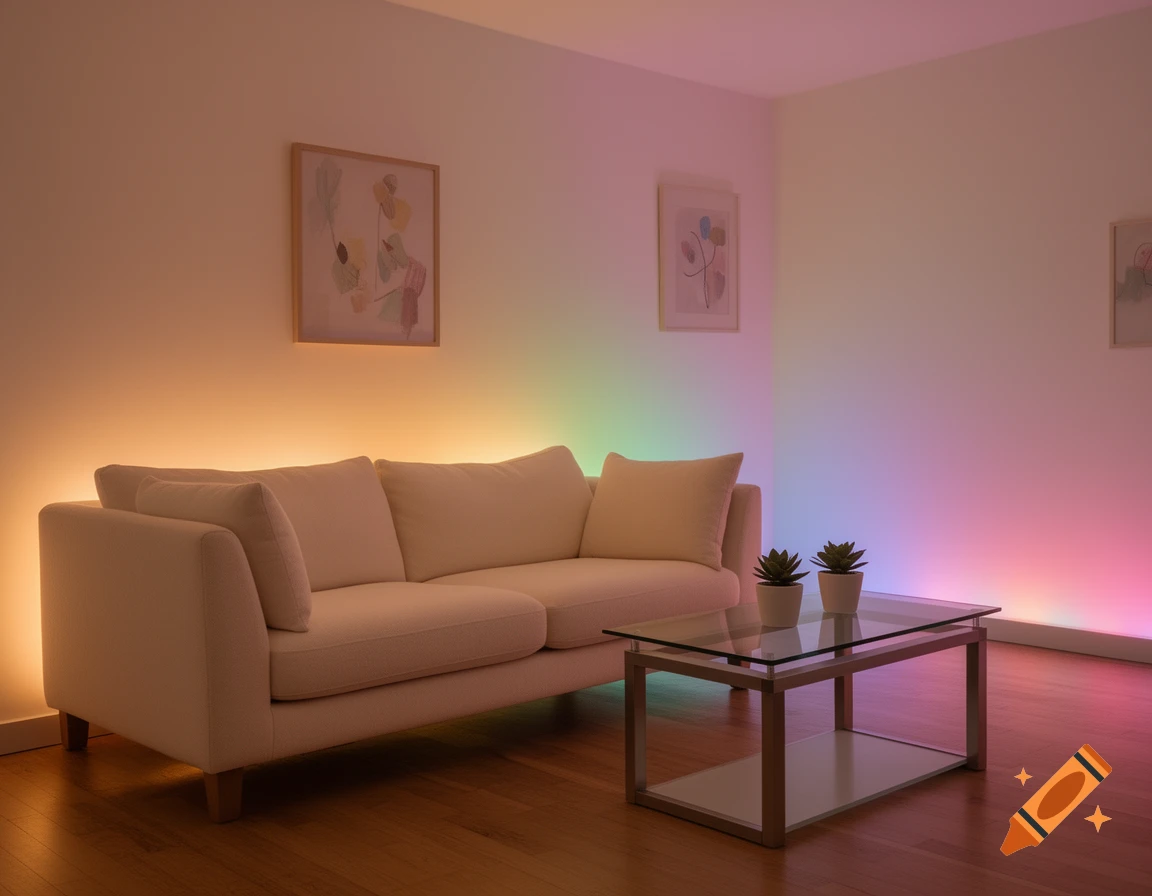 A modern living room with a cream sofa, glass coffee table, and walls illuminated by vibrant smart home lighting.