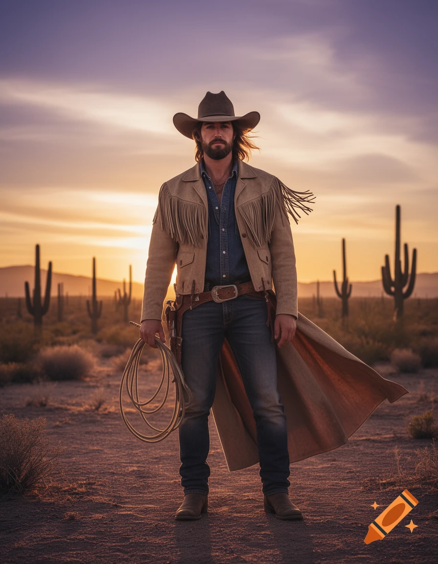 A bearded cowboy with a lasso stands in a desert with saguaro cacti at sunset, photorealistic.