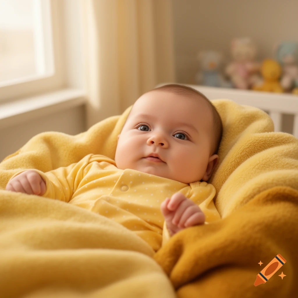 A photorealistic image of a baby wearing a yellow outfit, resting comfortably in a yellow blanket with a soft background.