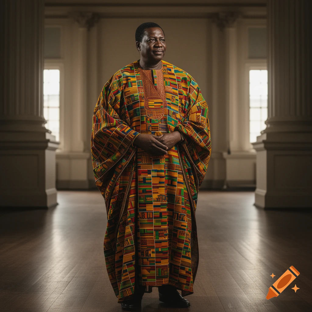 A man in a colorful traditional African kente cloth stands in a grand hall with pillars.