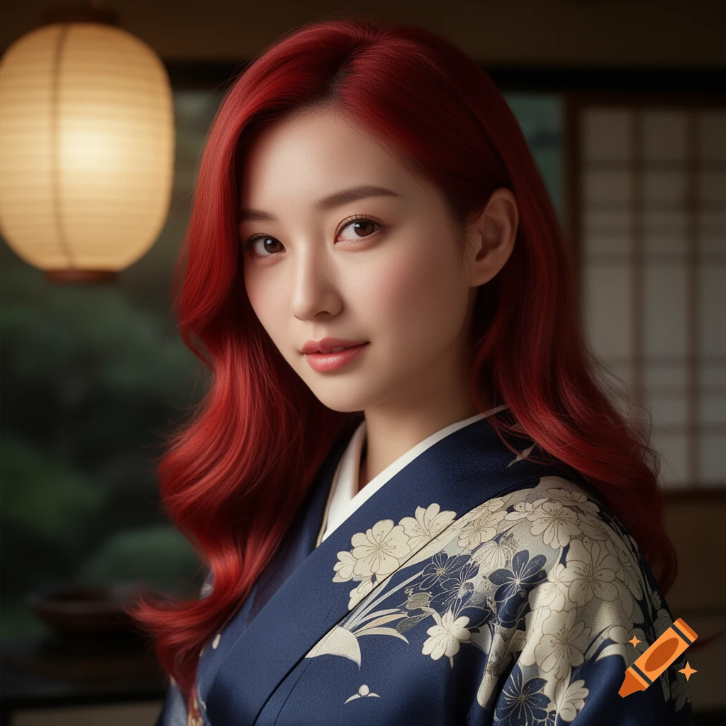 Photorealistic portrait of an Asian woman with long red hair, wearing a blue kimono with floral patterns, indoors with a lantern.