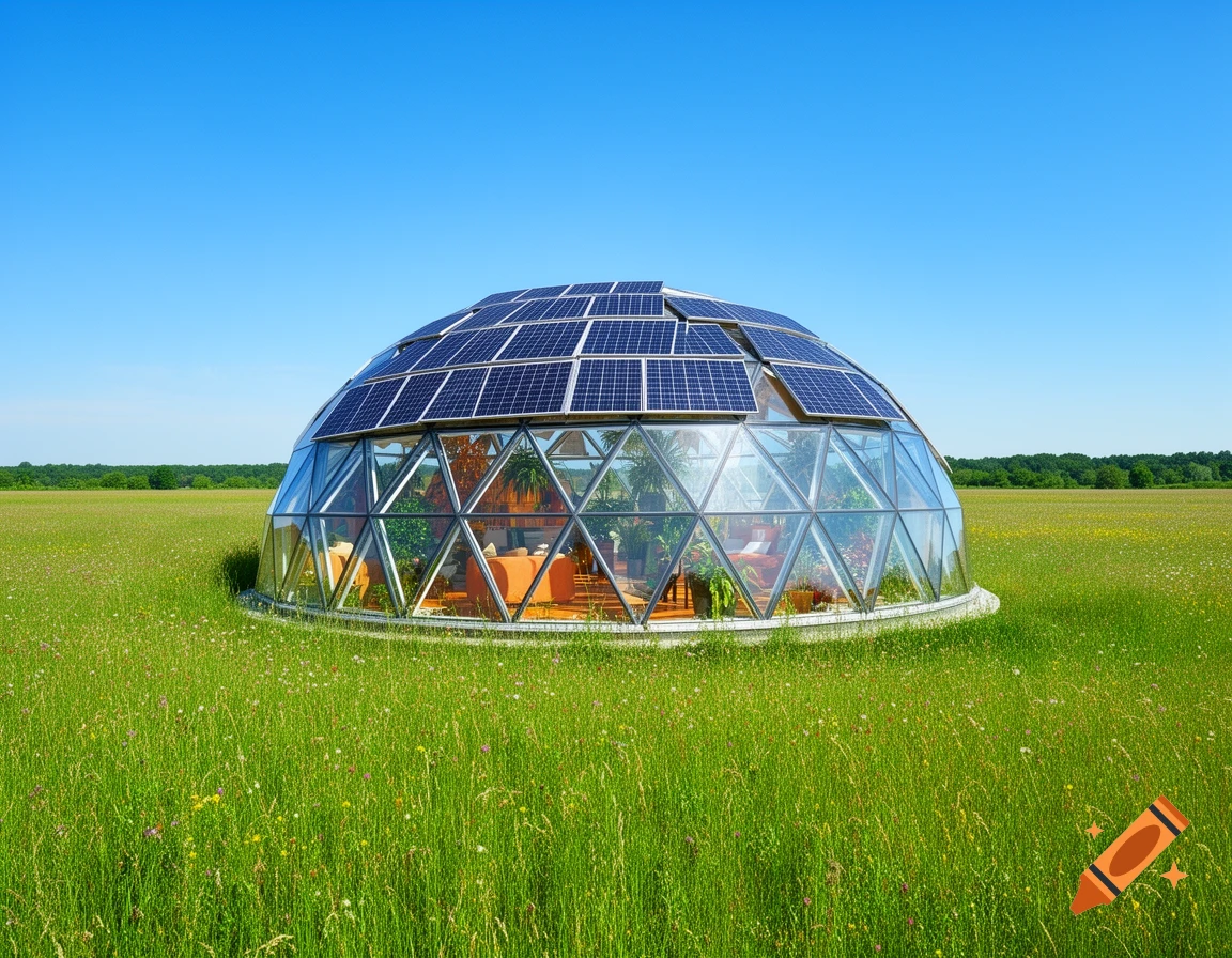 A photorealistic glass geodesic dome with solar panels sits in a vibrant green meadow under a clear blue sky.